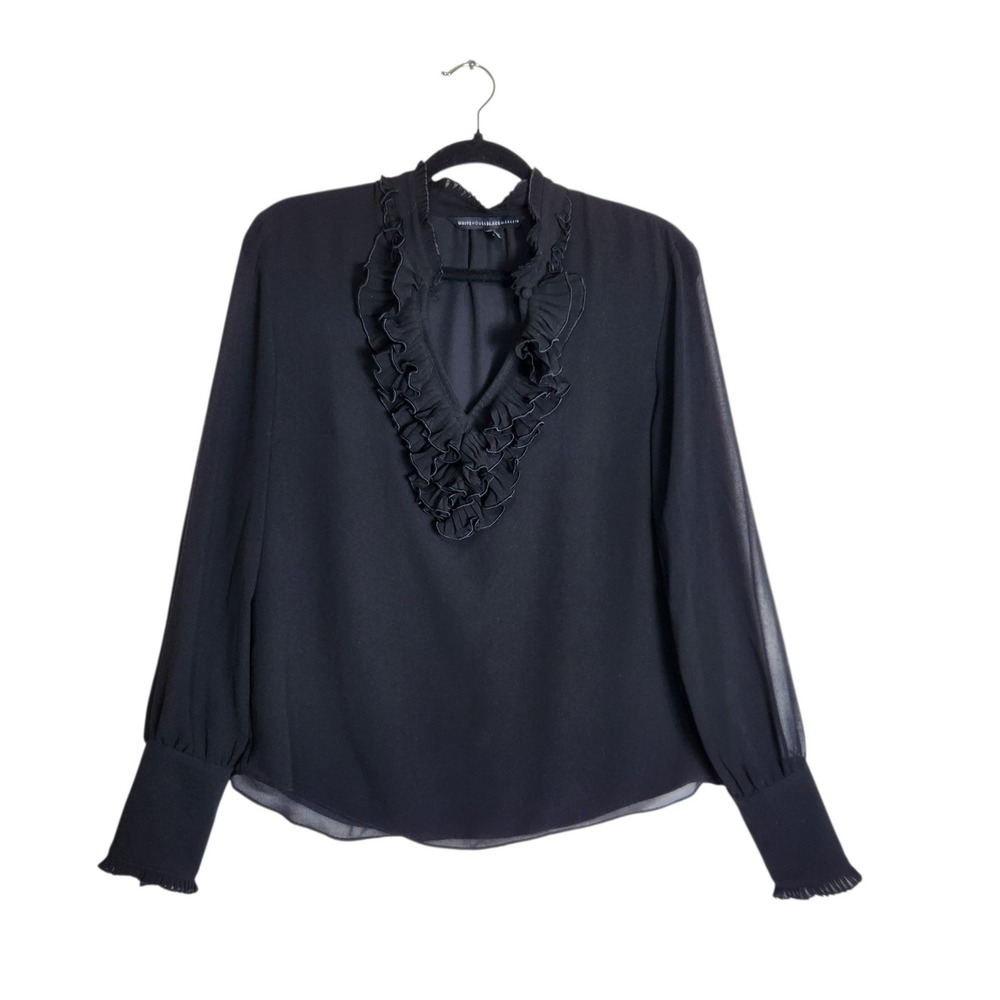 White House Black Market Black Ruffle V-Neck Blouse Long Sleeve Size 10